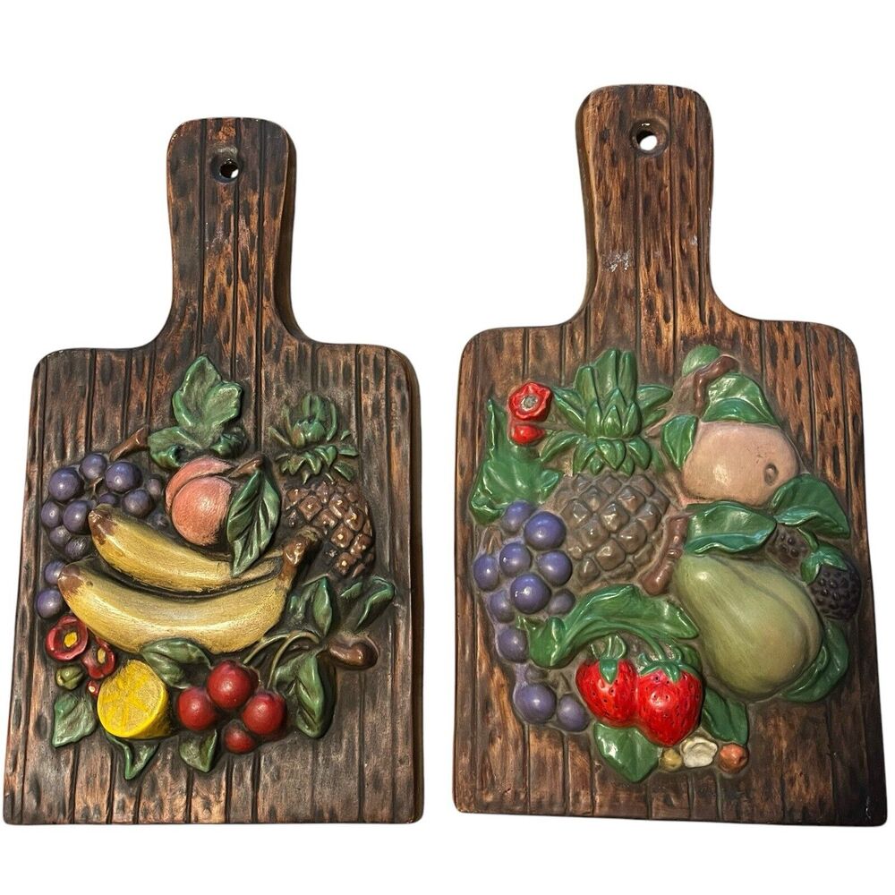 1969 Fruit on Cutting Board Decor Wall Hanging Set of 2 Painted by Amy Kitsch